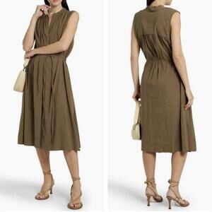 Vince Sleeveless Shirred Band Collar Linen Blend Midi Dress Chic Green Sz Medium